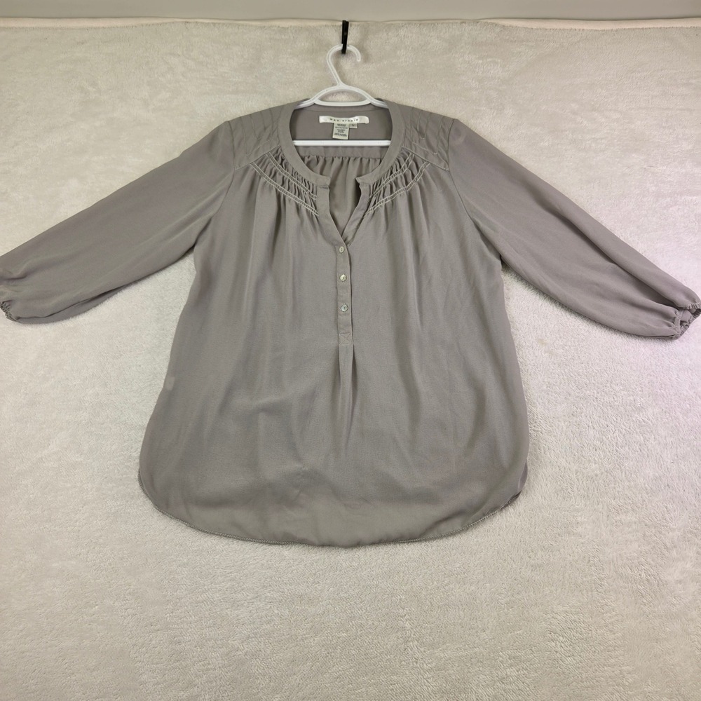 Max Studio Taupe Gray Pleated Split Neck Smocked Blouse Top Size L 2712X33